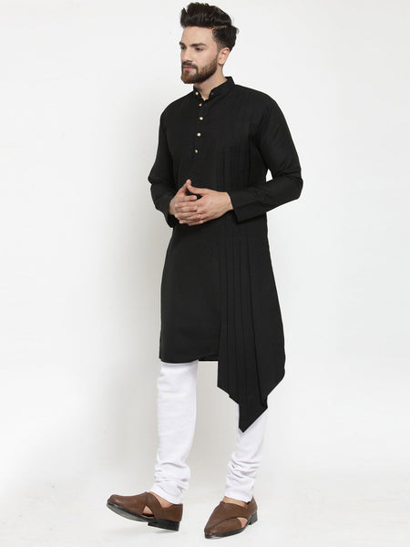 Black Kurta With Churidar Pajama Set in Linen For Men by Treemoda