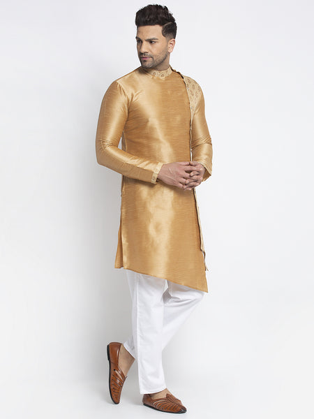 Embellished Brocade Golden Kurta With Aligarh Pajama Set For Men By Treemoda