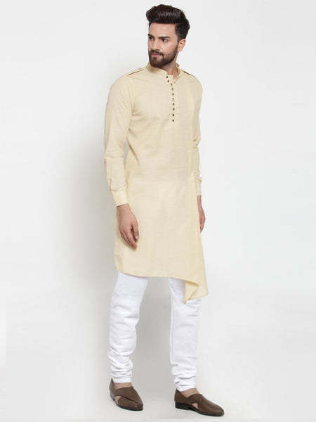 Beige Kurta With Churidar Pajama Set in Linen For Men by Treemoda