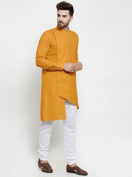 Designer Mustard Yellow Linen Kurta With White Churidar Pajama For Men By Treemoda