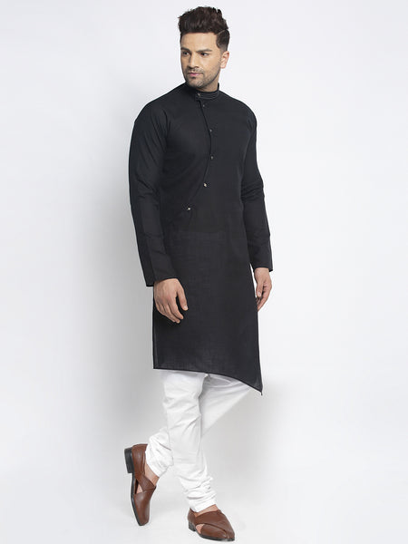 Designer Black Linen Kurta With White Churidar Pajama Set For Men By Treemoda