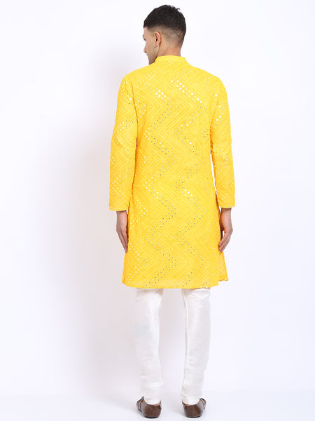 Yellow Georgette Mirror Work Embroidered Kurta with Churidar Pajama by Treemoda