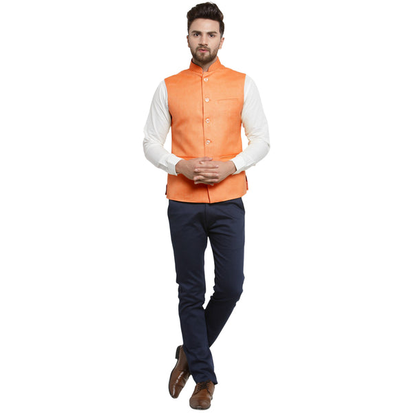 Treemoda Orange Tango Nehru jacket For Men Stylish Latest Design Suitable for Ethnic Wear/Wedding Wear/ Formal Wear/Casual Wear