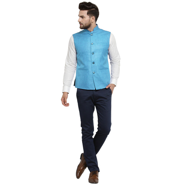Treemoda Sky Blue Nehru jacket For Men Stylish Latest Design Suitable for Ethnic Wear/Wedding Wear/ Formal Wear/Casual Wear