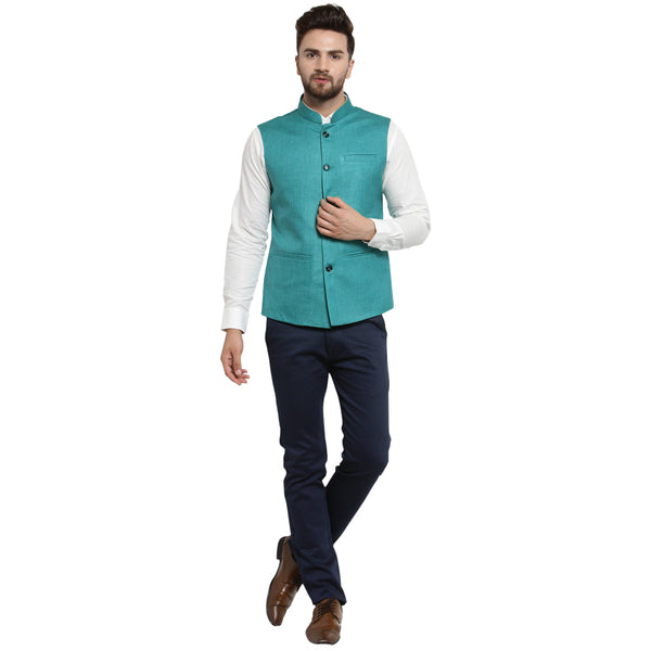 Treemoda Sea Green Nehru jacket For Men Stylish Latest Design Suitable for Ethnic Wear/Wedding Wear/ Formal Wear/Casual Wear