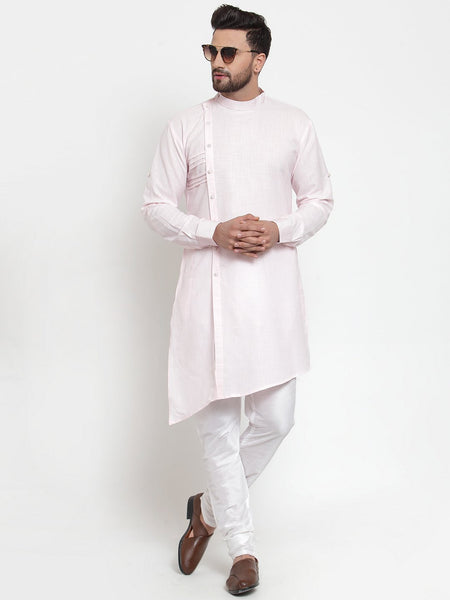 Designer Pink Kurta With Churidar Pajama Set in Linen For Men by Treemoda