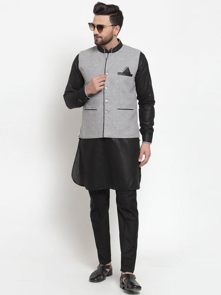 Treemoda Men's Black Kurta Matching Pants With Ethnic Nehru Jacket
