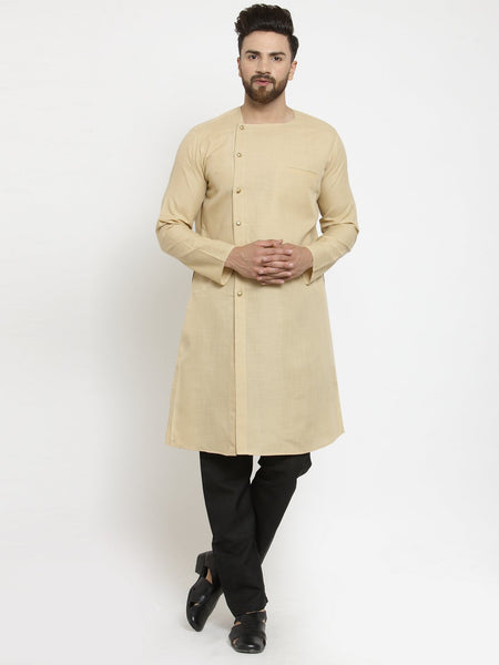 Beige Kurta With Black Aligarh Pajama Set  in Linen for men by Treemoda