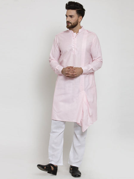 Pink Kurta With Aligarh Pajama  Set in Linen For Men by Treemoda