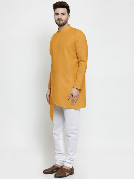 Designer Mustard Yellow Linen Kurta With White Churidar Pajama For Men By Treemoda