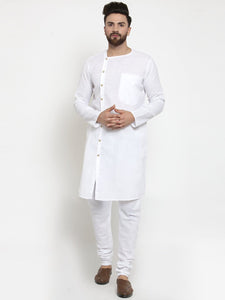 White Kurta With Churidar Pajama Set in Linen for men by Treemoda