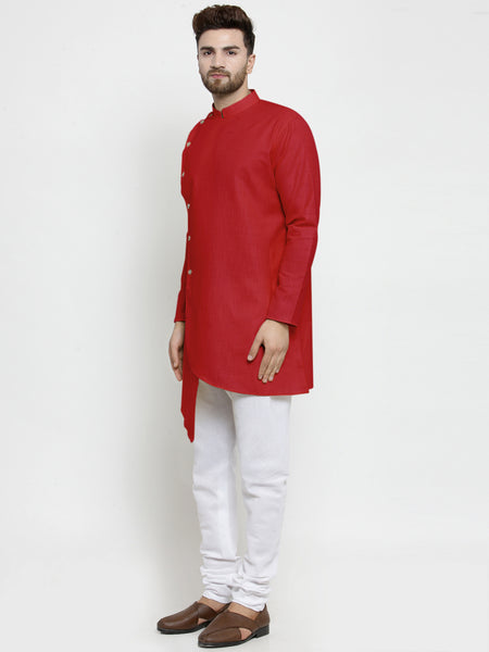 Designer Red Linen Kurta With White Churidar Pajama For Men By Treemoda