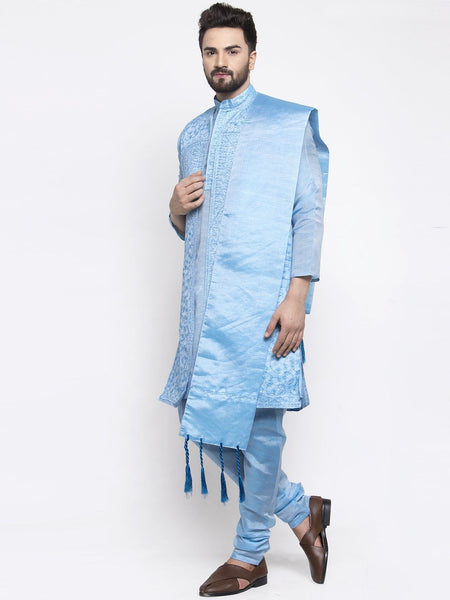 Men's Blue Embroidered Kurta Pajama, Set With Jacket, and Scarf  by Treemoda