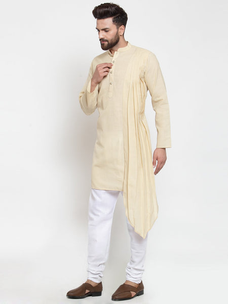 Beige Kurta With Churidar Pajama Set in Linen For Men by Treemoda