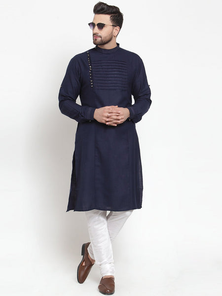 Designer Navy Blue Kurta With Churidar Pajama in Linen for Men by Treemoda