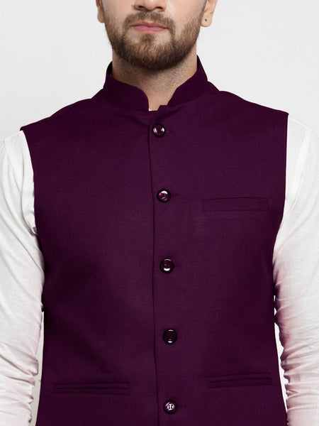Men Purple Solid Nehru Jacket By Treemoda