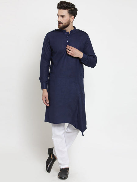 Navy Blue Kurta With Aligarh Pajama Set in Linen For Men by Treemoda