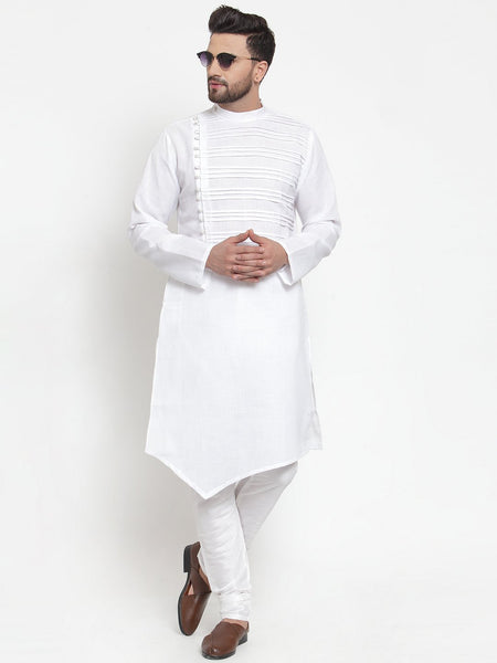 Designer White Kurta With Churidar Pajama Set in Linen For Men by Treemoda