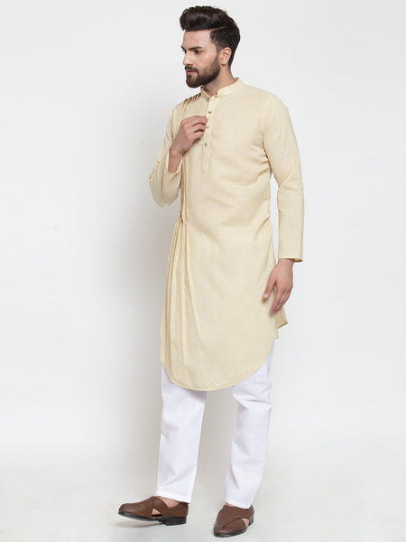 Beige Kurta With Aligarh Pajama Set in Linen For Men by Treemoda