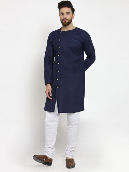 Navy Blue Kurta With Churidar Pajama Set in Linen For Men by Treemoda