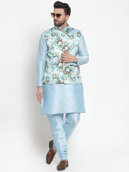 Treemoda Men's Turquoise blue Kurta Matching Pants With Ethnic Nehru Jacket