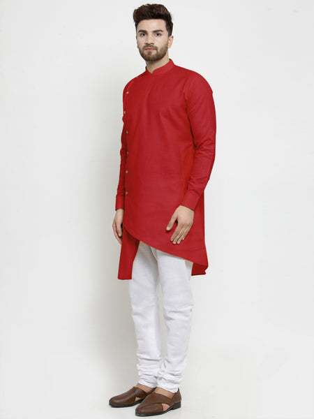 Designer Red Linen Kurta With White Churidar Pyjama For Men By Treemoda