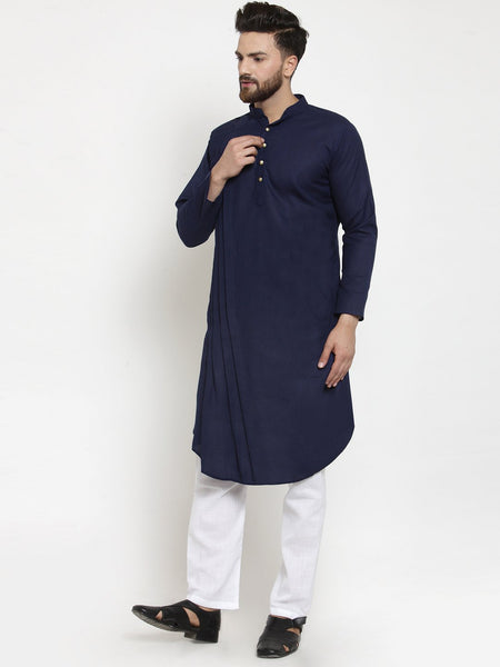 Designer Navy Blue Linen Kurta With Churidar Pajama For Men By Treemoda