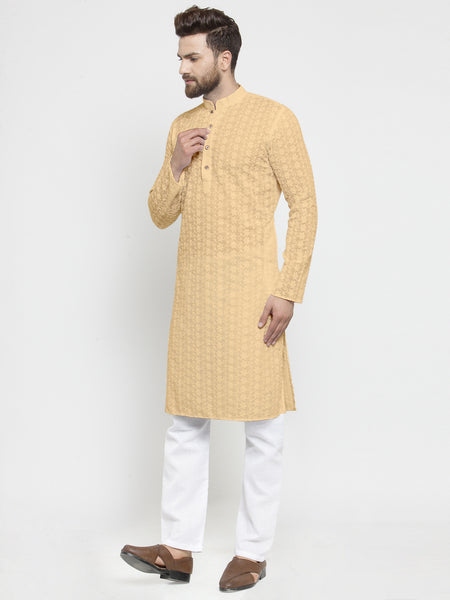 Embroidered Cotton Chikankari Beige Kurta With Aligarh Pajama For Men By Treemoda