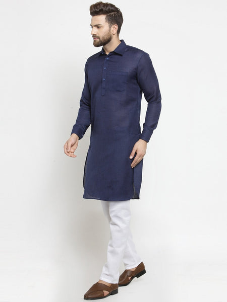 Designer Navy Blue Pathani Lenin Kurta with White Aligarh Pajama by TREEMODA