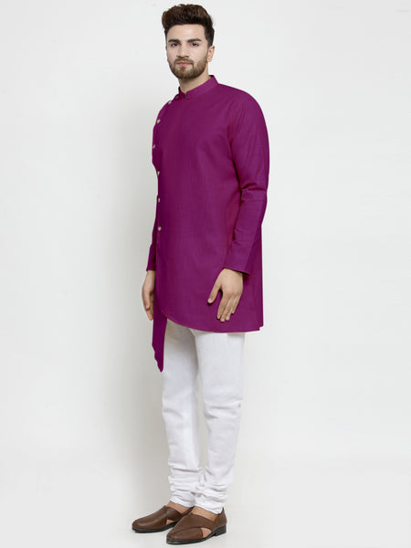 Designer Purple Linen Kurta With White Churidar Pyjama For Men By Treemoda