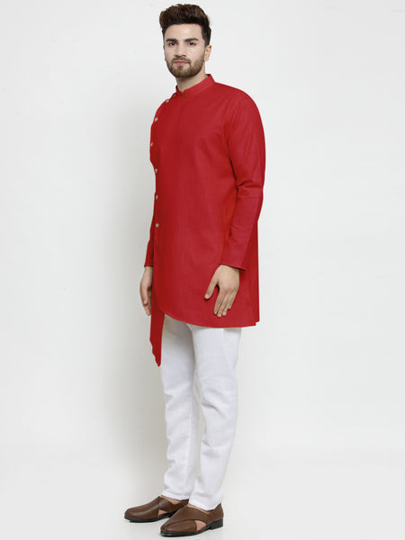 Designer Red Linen Kurta With White Aligarh Pajama For Men By Treemoda
