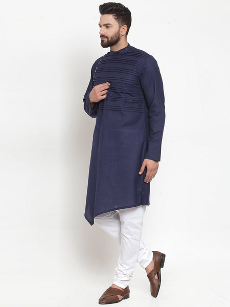 Designer Navy blue Kurta With Churidar Pajama Set in Linen for men by Treemoda