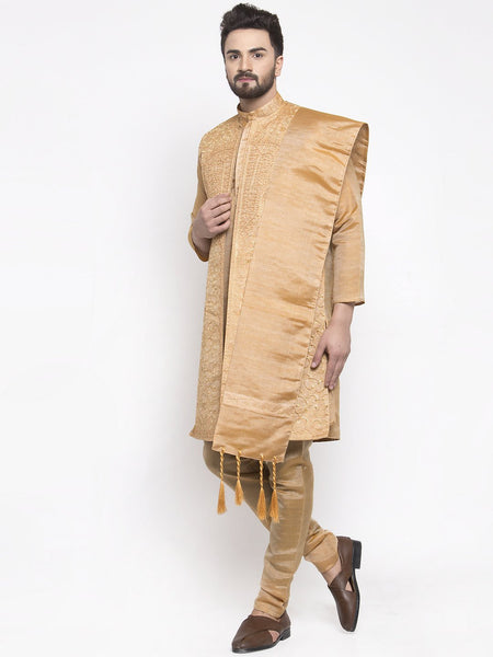 Men's Gold Embroidered Kurta Pajama Set With,Jacket, and Scarf by Treemoda