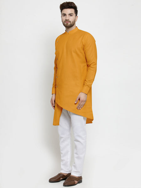 Designer Mustard Yellow Linen Kurta With White Aligarh Pyjama For Men By Treemoda