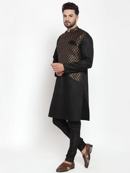 Designer Brocade Black Bnarsi Silk Kurta Pajama Set