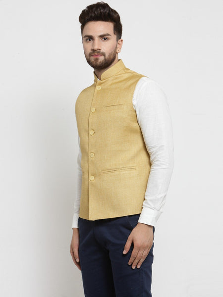 Men Mustard Yellow Solid Nehru Jacket By Treemoda