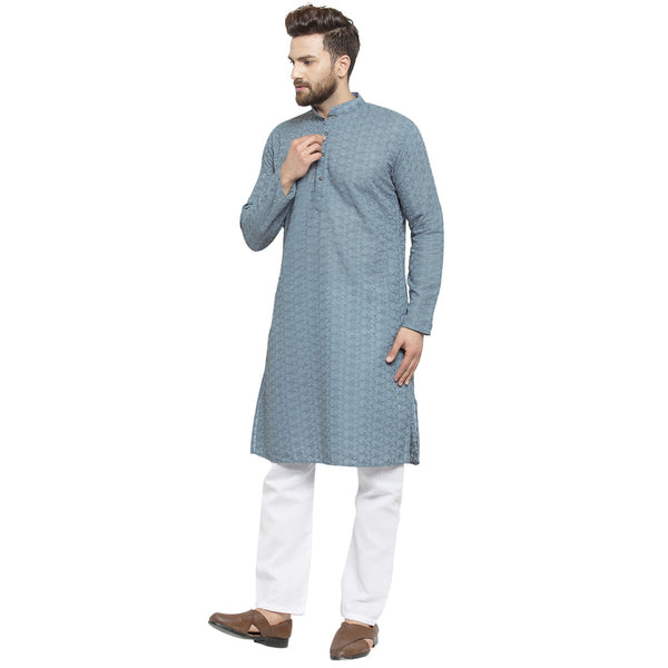 Light Grey Cotton Chikankari Lucknowi Jaal Embroidered Kurta with Aligarh Pajama For Men  by Treemoda