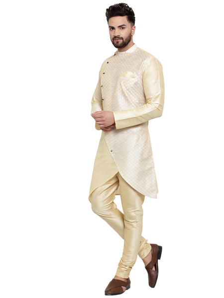 Designer Brocade Cotton Silk Beige Kurta With Churidar Pajama Set For Men by Treemoda