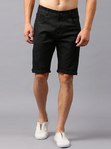 Men Black Solid Slim Fit Denim Shorts