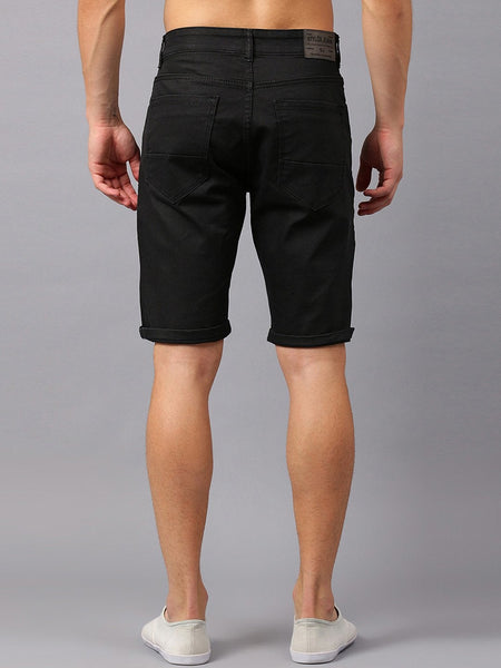 Men Black Solid Slim Fit Denim Shorts
