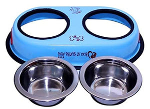 Blue Colored Printed Dogs Double Diner Box Feeding Set With 900ml X 2 Bowls