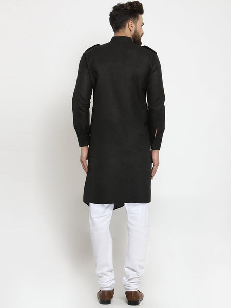 Black Kurta With Churidar Pajama in Linen For Men by Treemoda