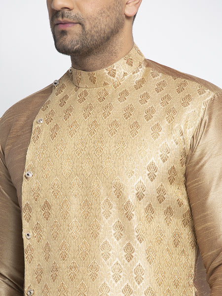 Embellished Brocade Golden Kurta With Churidar Pajama Set For Men By Treemoda