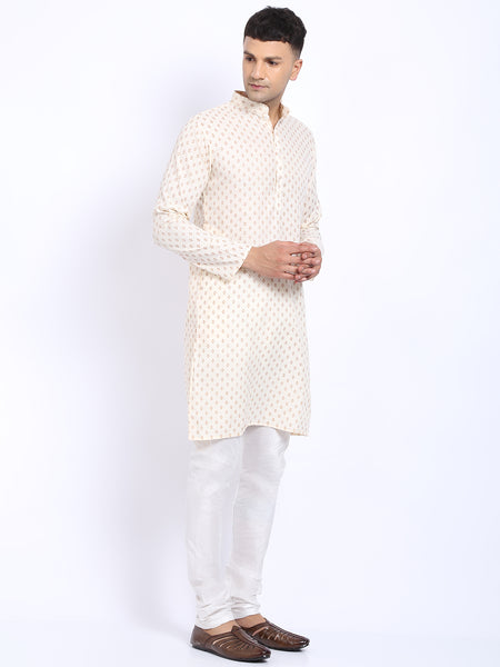 Printed Cream Cotton Kurta with Churidar Pajama by Treemoda