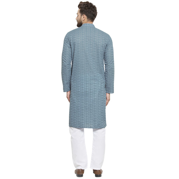 Light Grey Cotton Chikankari Lucknowi Jaal Embroidered Kurta with Aligarh Pajama For Men  by Treemoda