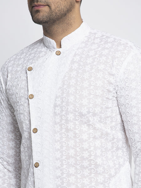 Designer Cotton Aligarh White Kurta Pajama Set For Men By Treemoda