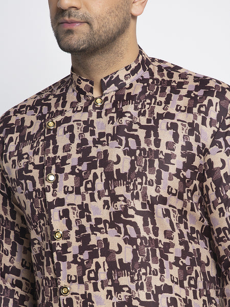 Designer Cotton Brown Block Printed Kurta With Churidar Pajama Set For Men By Treemoda