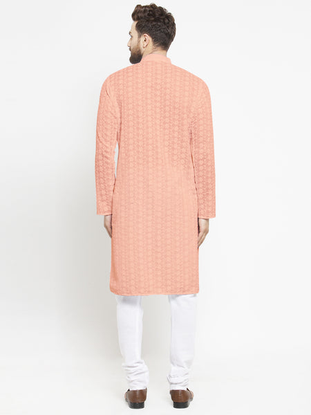 Salmon Pink Chikankari Lucknowi Jaal Embroidered Kurta with Churidar Pajama For Men by Treemoda