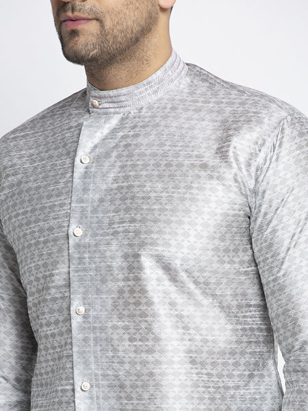 Embellished Brocade Light Grey Kurta With Churidar Pajama Set For Men By Treemoda