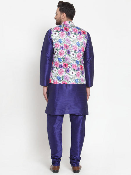 Treemoda Men's Dark Blue Kurta Matching Pants With Ethnic Nehru Jacket